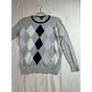 J.Crew Womens Argyle Cotton Crewneck Sweater Grey Lavender Navy Blue Small